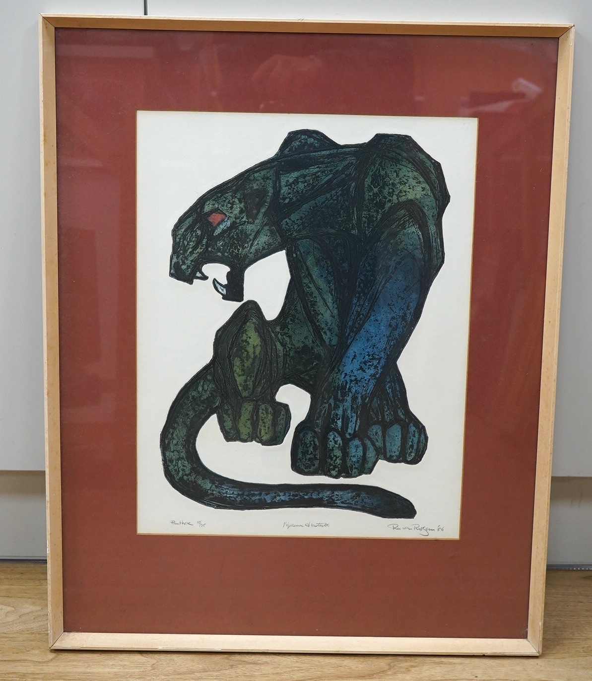 Ru van Rossum (1924-2007), woodblock print in colour, ‘Panther’, signed in pencil and dated '56, limited edition 15/35, 43 x 33cm. Condition - good